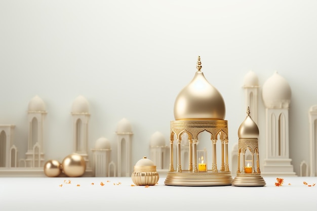 3d rendering kartki powitalnej Ramadan Kareem z złotymi latarniami na białym tle