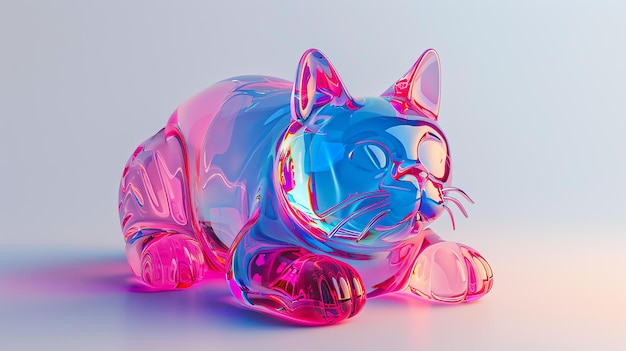 3D rendering kota wykonany ze szkła Kot siedzi na białej powierzchni i jest oświetlony różowym światłem