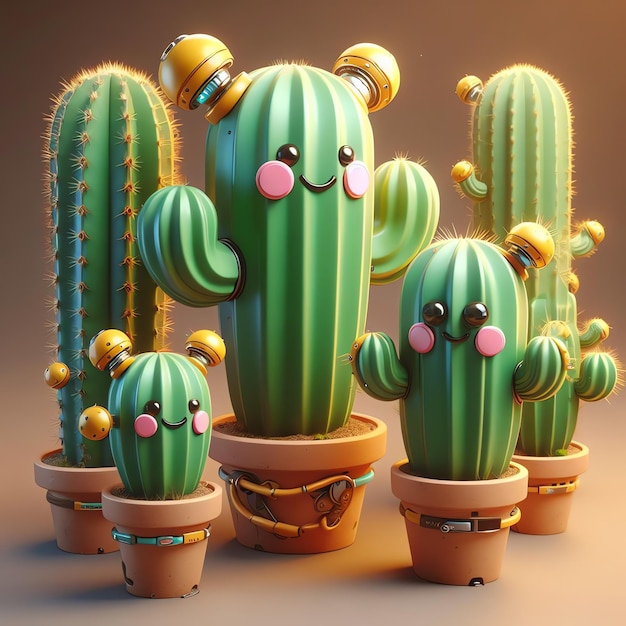 Zdjęcie 3d rendering kreskówki kaktusów i kaktusow z uśmiechniętym portretem urocze tło tapety
