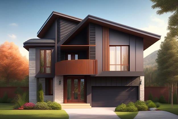 3d rendering ładny nowoczesny dom z drewna w pięknej wiosce