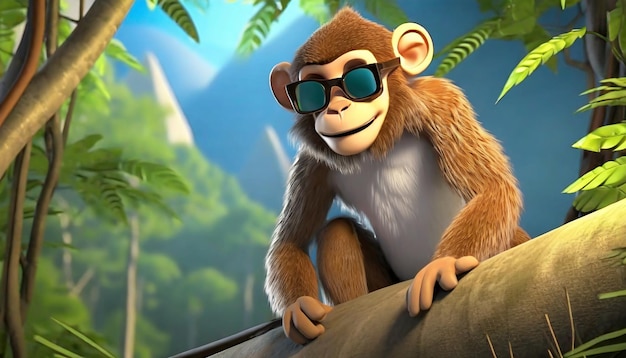 3D rendering lasu w stojącej małpie i noszeniu okularów przeciwsłonecznych