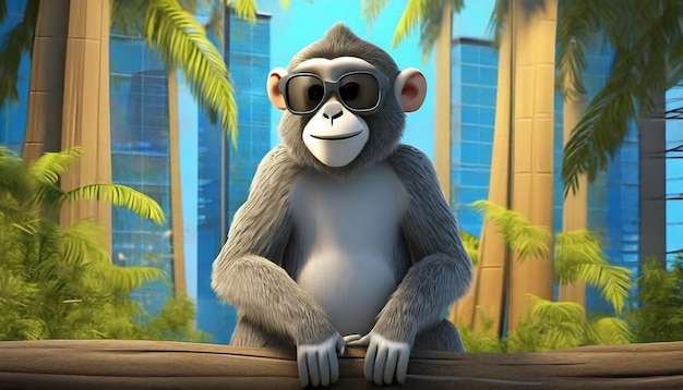 3D rendering lasu w stojącej małpie i noszeniu okularów przeciwsłonecznych