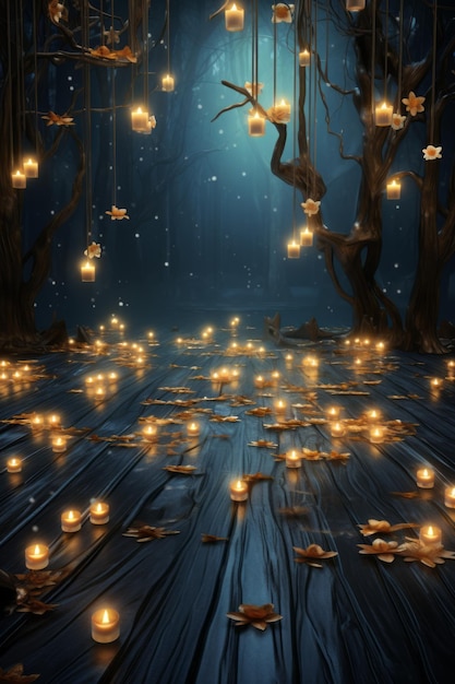 3D rendering magicznego ciemnego lasu pełnego świec i kwiatów
