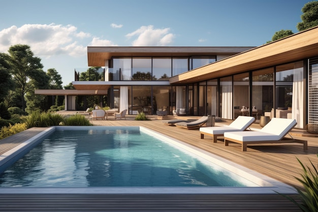 3D rendering nowoczesnego przytulnego domu z basenem i parkingem na sprzedaż lub wynajem 3D renderowanie przedstawiające nowoczesny taras domu z basem AI generowane