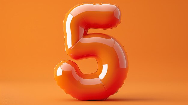 Zdjęcie 3d rendering pomarańczowego balonu w kształcie liczby pięć.