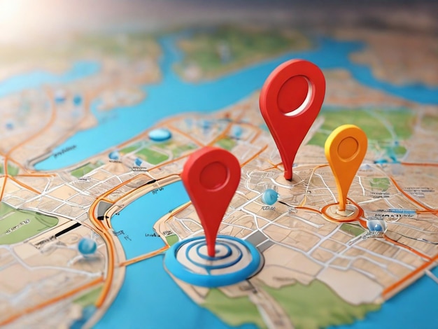 3D Rendering Realistyczny Mapa lokalizacji pin GPS wskaźnik markery Mapy symbolu lokalizacji GPS i nawigacja