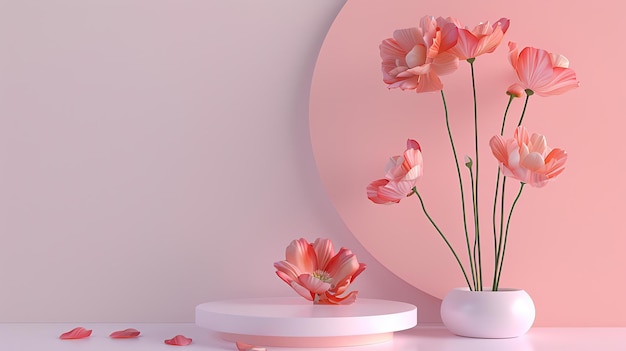 3D rendering różowego kwiatu w wazonie na podium z różowym tłem Kwiat jest otoczony różowymi płatkami