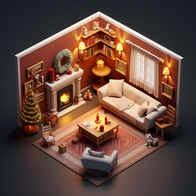 3d rendering salon izometryczny wnętrze otwarty widok przytulna atmosfera bożonarodzeniowa w ciepłym domu