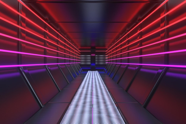 3D Rendering Sci Fi Futurystyczny korytarz korytarzowy z neonowym światłem