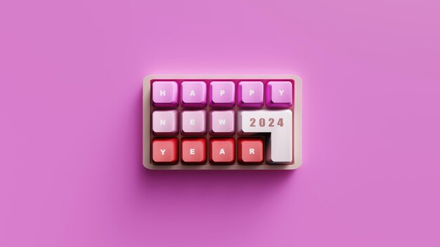 Zdjęcie 3d rendering szczęśliwego nowego roku na uroczej klawiaturze z różowym gładkim tonem