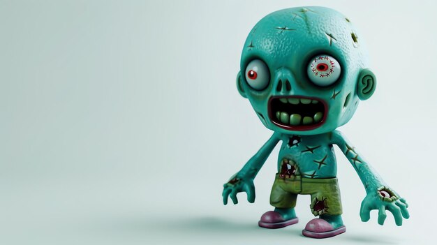 3D rendering uroczego zombie z kreskówki Zombie jest zielony i ma dużą głowę z wieloma szwami