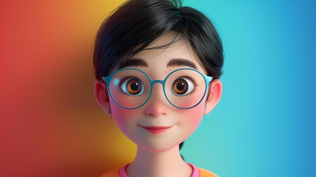 3D rendering uroczej dziewczyny z kreskówek z czarnymi włosami i brązowymi oczami Ma na sobie niebieskie okulary i różową koszulkę