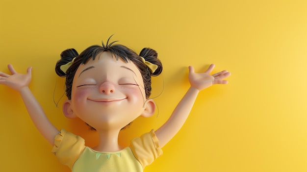 3D rendering uroczej dziewczyny z kreskówek z rękami w powietrzu Ma zamknięte oczy i uśmiech na twarzy Tło jest stałym żółtym kolorem
