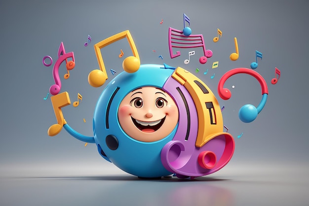 Zdjęcie 3d rendering uśmiech postać emotikon wyraz mówiący notatka muzyczna ikona z kolorową bańką mowy