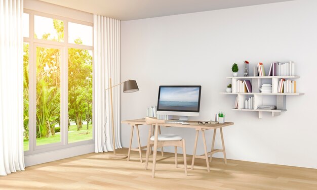 3D rendering wewnętrzny żywy pokój z komputerem stacjonarnym