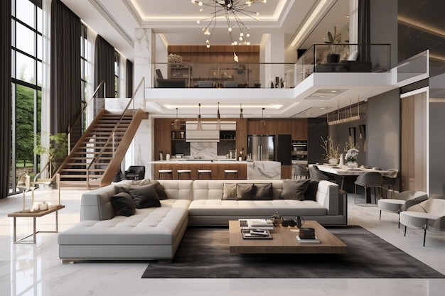 3D rendering wnętrza domu nowoczesna otwarta przestrzeń mieszkalna z kuchnią w stylu duplex mieszkanie rezydencja