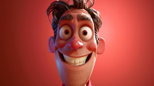 Zdjęcie 3d rendering zabawnej postaci z kreskówki z dużym uśmiechem na twarzy ma brązowe włosy i niebieskie oczy i nosi czerwoną koszulę