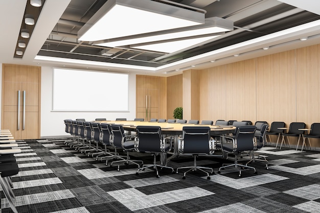 Zdjęcie 3d renderingu biznesowy pokój konferencyjny na wysokim wzrosta budynku biurowym
