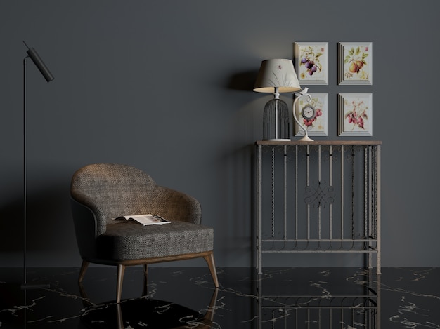Zdjęcie 3d renderingu dom pojedyncza krzesło dekoracja
