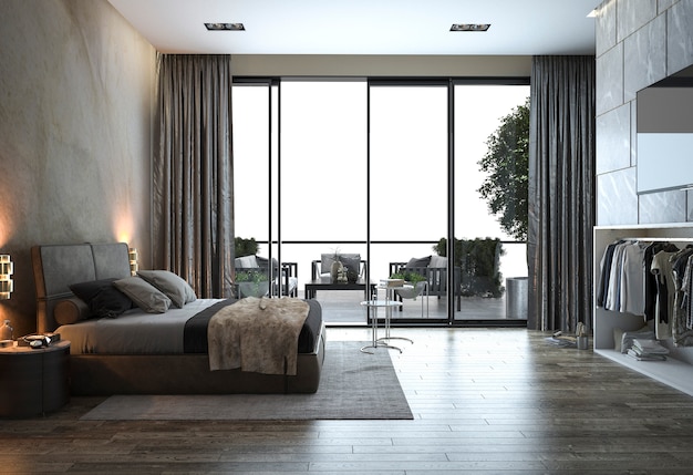 3d renderingu loft nowożytna sypialnia blisko nadokiennego widoku