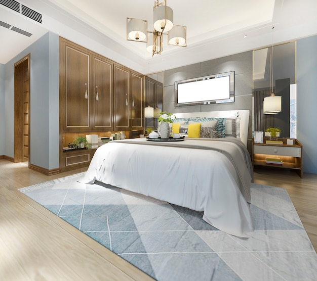 3d renderingu luksusowa nowożytna sypialnia z drewnianą szafką i świecznikiem