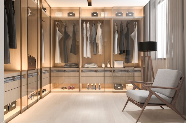 Zdjęcie 3d renderingu minimalny skandynawski drewniany spacer w szafie z garderobą
