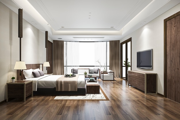 3d renderingu sypialni luksusowy chiński apartament w hotelu w kurorcie