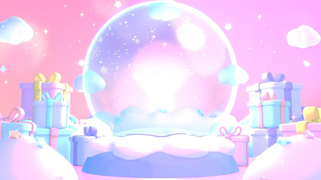 3d renderowana kreskówka śnieżna kula otoczona prezentami Piękna pastelowa zimowa kraina czarów