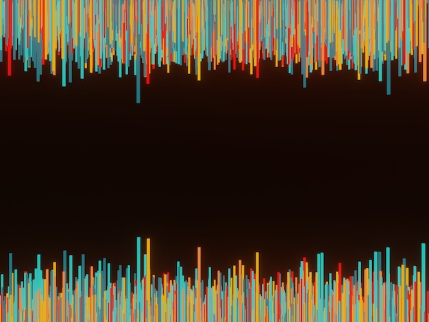 3D renderowane abstrakcyjne losowe kolorowe paski geometryczne na czarnym tle.