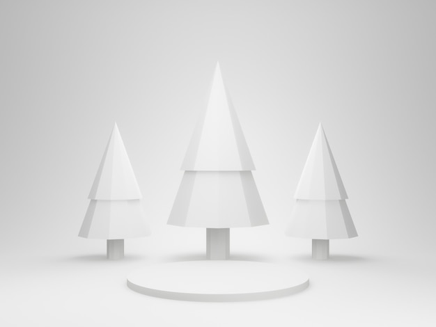 3D renderowane białe sceny podium z drzewami.
