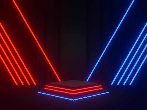 3D renderowane czarne geometryczne podium z czerwonymi i niebieskimi neonami