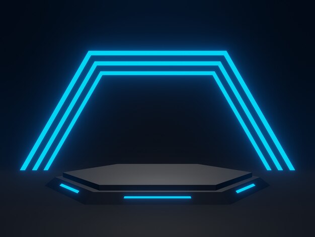 3D renderowane czarne podium naukowe z niebieskimi neonami
