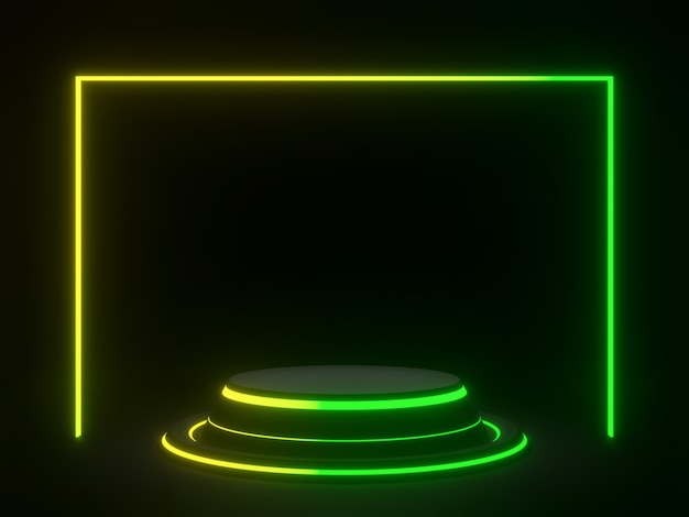3D renderowane czarne stoisko naukowe z zielonym światłem neonowym. Ciemne tło