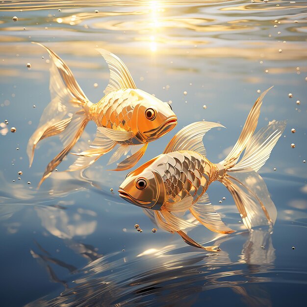 3D renderowane dwie złote folie ryb wewnątrz błyszczącej czystej wody piękne krzywe w świetle słońca