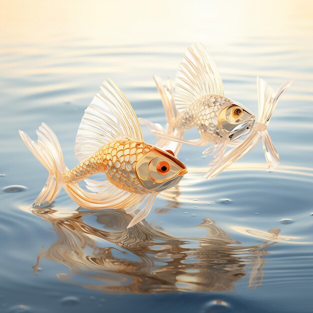 3D renderowane dwie złote folie ryb wewnątrz błyszczącej czystej wody piękne krzywe w świetle słońca