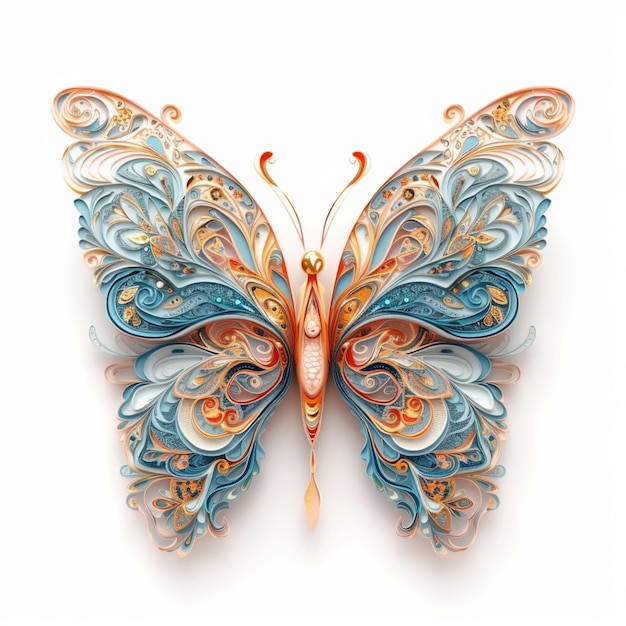 3D renderowane na niebiesko Biało-złoty motyl na białym tle w stylu metalicznych powierzchni