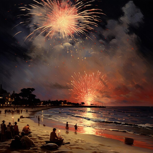 Zdjęcie 3d renderowane noworoczne fajerwerki na plaży