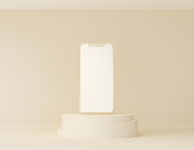 3d renderowane pastelowe beżowe tło ze smartfonem na okrągłym stojaku