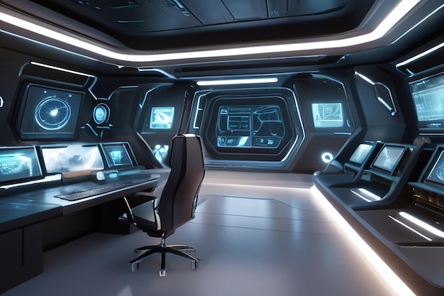 3D renderowane puste nowoczesne futurystyczne wnętrze centrum dowodzenia