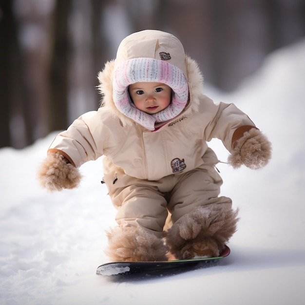 3D renderowane słodkie dziecko w pełnym kostiumie snowboarding w dół zbocza