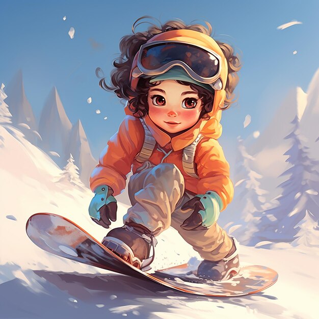 3D renderowane słodkie dziecko w pełnym kostiumie snowboarding w dół zbocza