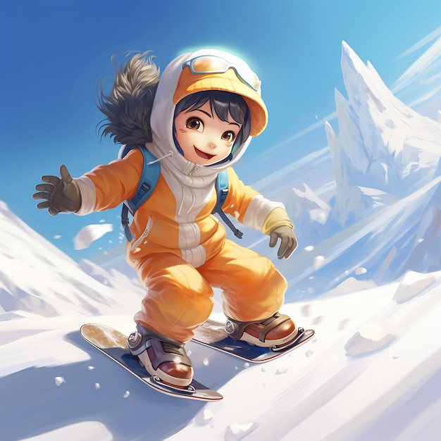 3D renderowane słodkie dziecko w pełnym kostiumie snowboarding w dół zbocza