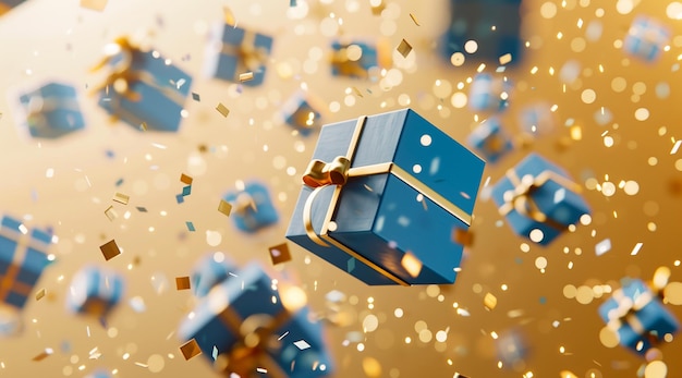 3D renderowane święto niebieskie pudełka z prezentami latające w powietrzu na jasnożółtym tle
