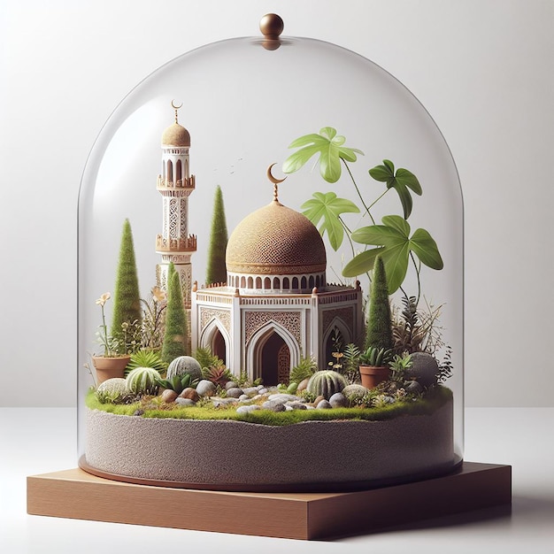 3D renderowane terrarium z miniaturami i roślinami inspirowanymi Ramadanem na białym tle