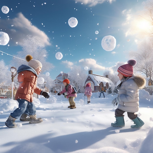 3d renderowane ultra realistyczne dzieci bawiące się i cieszące się w śniegu