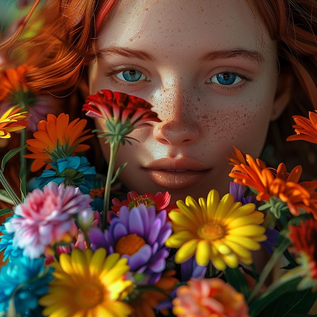 Zdjęcie 3d renderowane zdjęcia blisko dziewczyny trzymającej kolorowy bukiet kwiatów