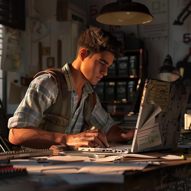 3D renderowane zdjęcia ciężko pracującego człowieka wykonującego swoją pracę