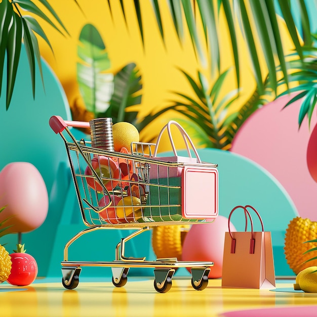 Zdjęcie 3d renderowane zdjęcia koszyka z żywym kolorystyką tła tematu zakupów internetowych