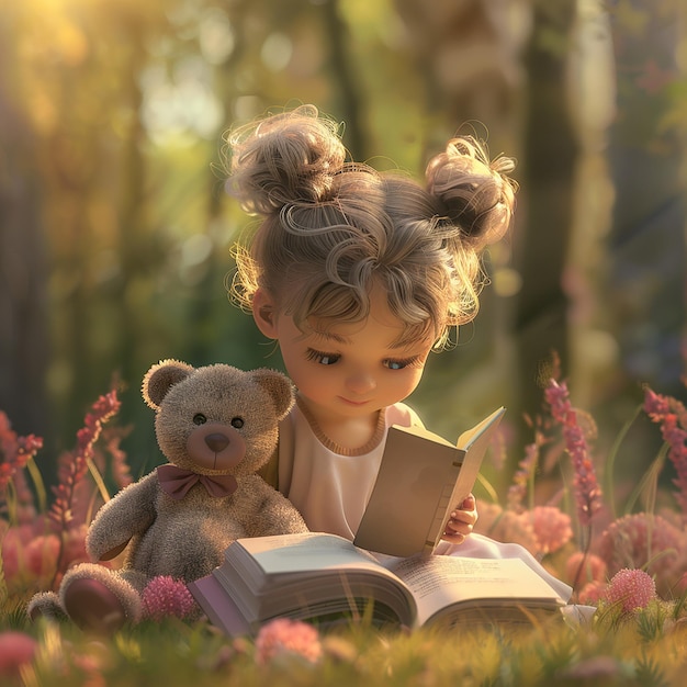 3D renderowane zdjęcia małej dziewczynki siedzącej z Teddy dzieli się swoją radością z Teddy książką na ziemi