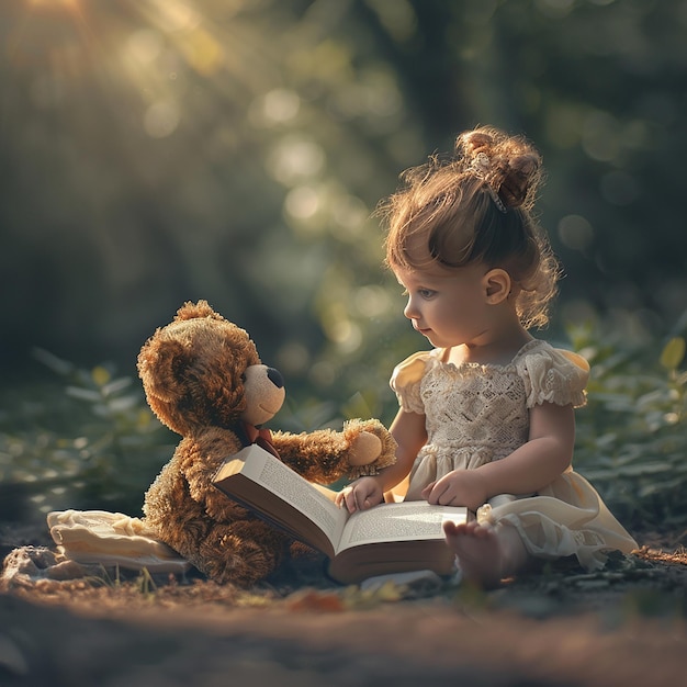3D renderowane zdjęcia małej dziewczynki siedzącej z Teddy dzieli się swoją radością z Teddy książką na ziemi